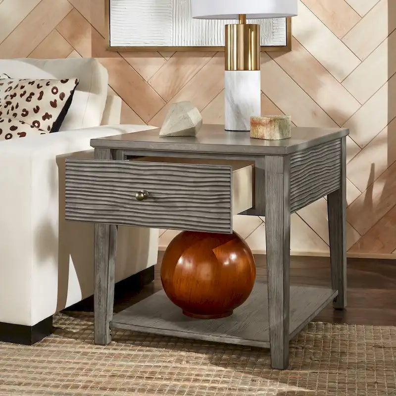 Table d'appoint en fibrociment gris, finition gris antique, avec étagère