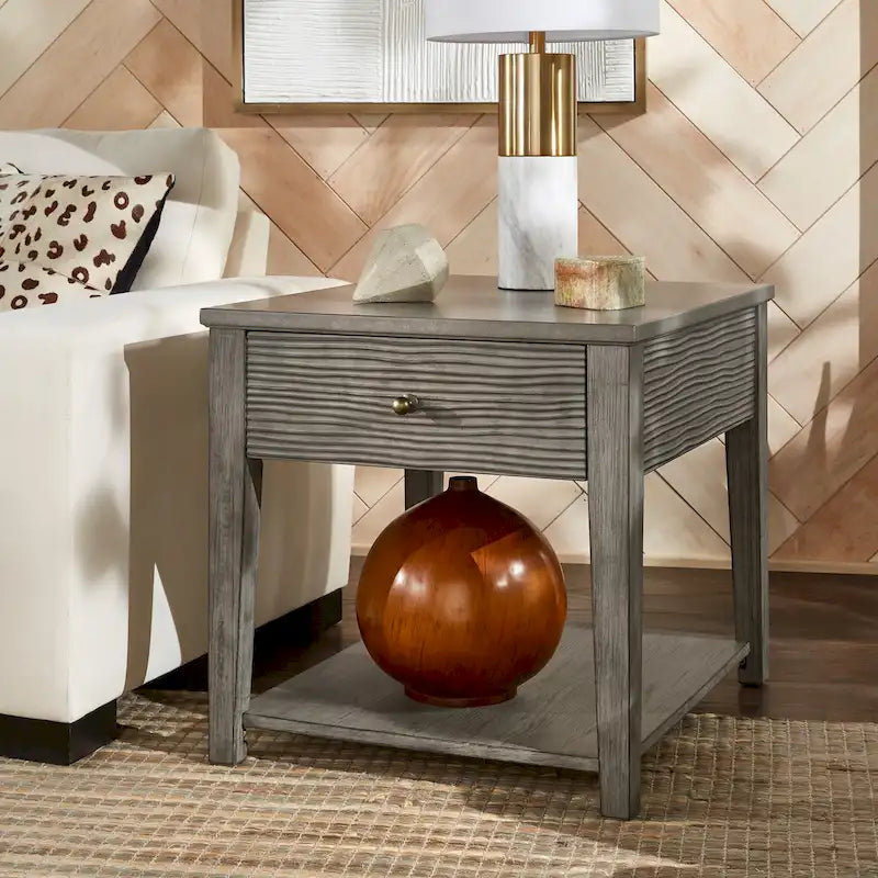 Table d'appoint en fibrociment gris, finition gris antique, avec étagère