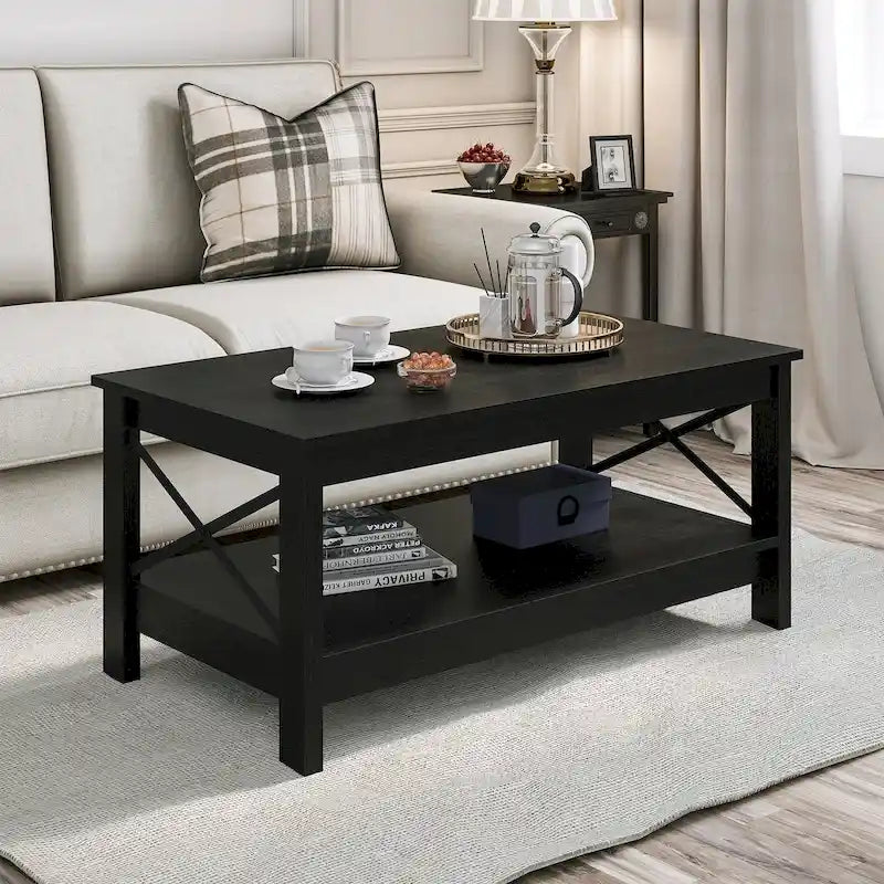 Table basse d'appoint en bois style rustique avec grande étagère de rangement
