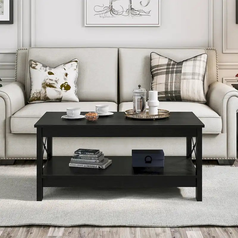 Table basse d'appoint en bois style rustique avec grande étagère de rangement