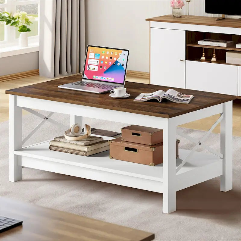 Table basse d'appoint en bois style rustique avec grande étagère de rangement