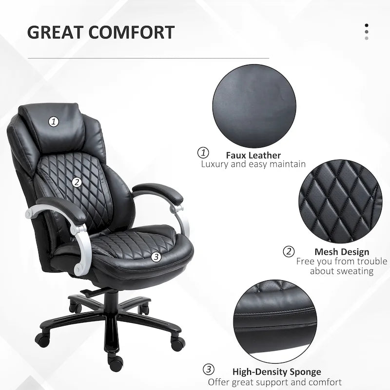Chaise de Bureau Robuste, Capacité 150 kg, Maille et Similicuir, Ergonomique à Bascule, Hauteur Réglable avec Roulettes