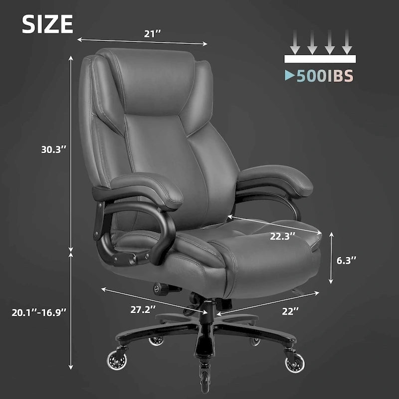 Chaise de Bureau Direction Grande Taille, 225 kg, Support Lombaire Ajustable, Chaise Ergonomique à Dossier Haut en Cuir PU pour Ordinateur