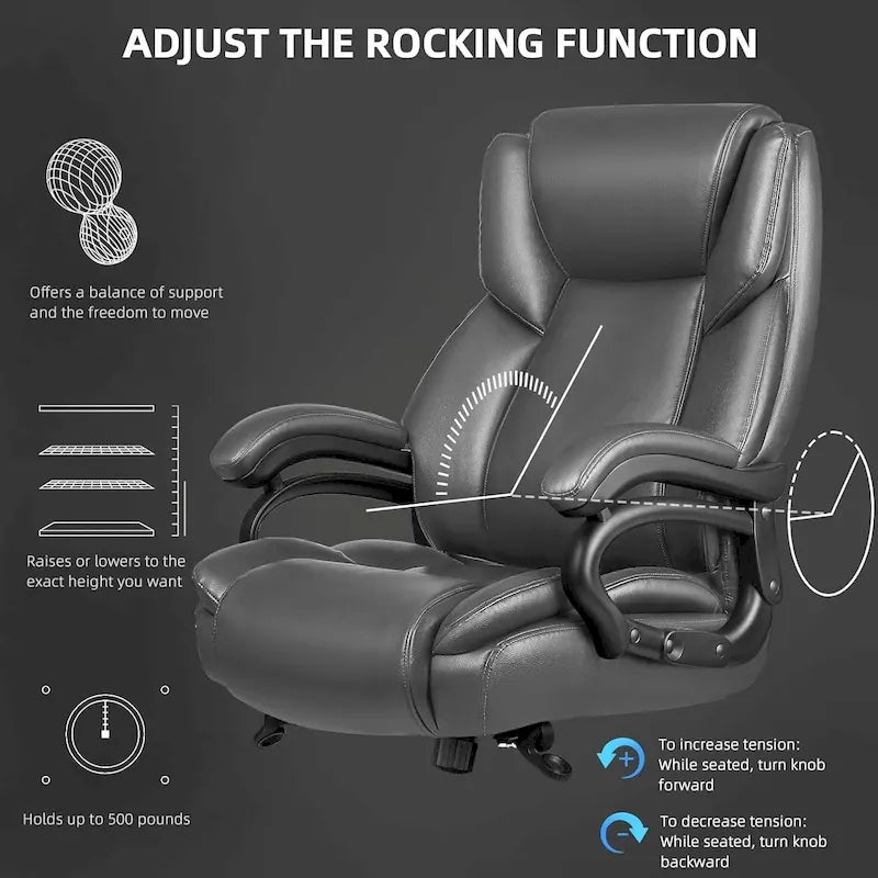 Chaise de Bureau Direction Grande Taille, 225 kg, Support Lombaire Ajustable, Chaise Ergonomique à Dossier Haut en Cuir PU pour Ordinateur