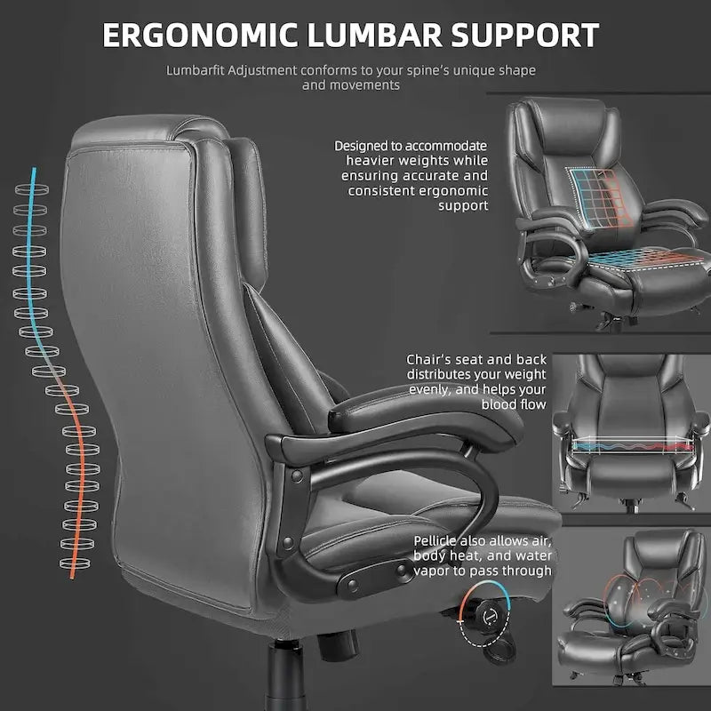 Chaise de Bureau Direction Grande Taille, 225 kg, Support Lombaire Ajustable, Chaise Ergonomique à Dossier Haut en Cuir PU pour Ordinateur