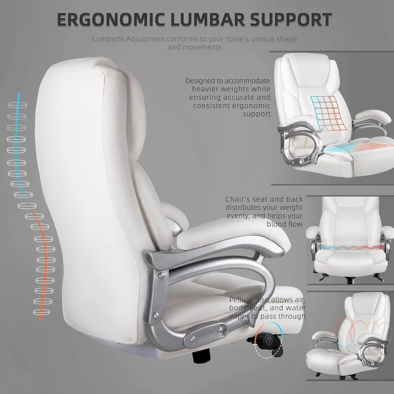 Chaise de Bureau Direction Grande Taille, 225 kg, Support Lombaire Ajustable, Chaise Ergonomique à Dossier Haut en Cuir PU pour Ordinateur