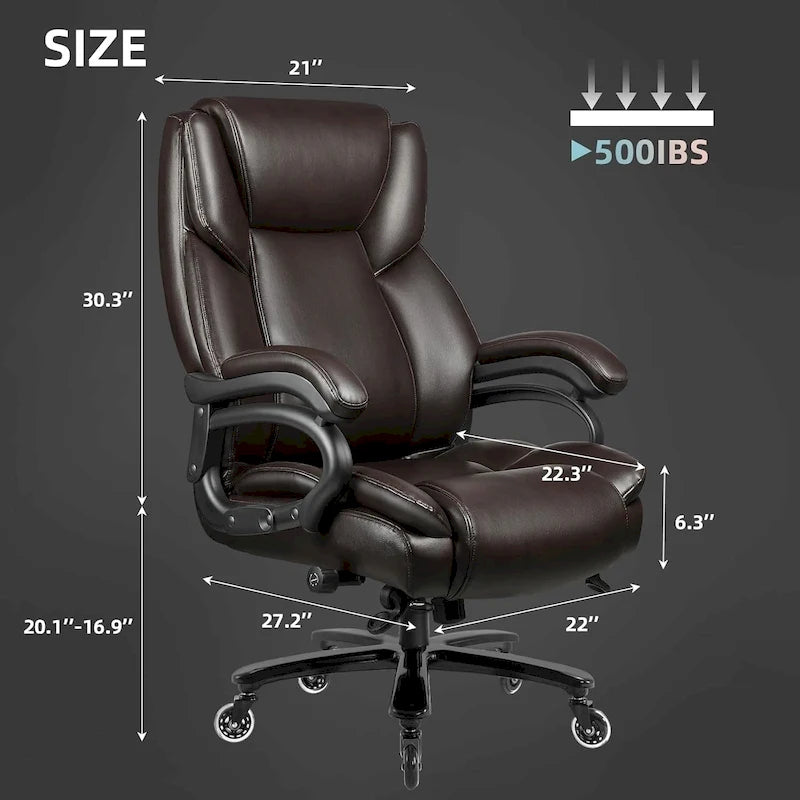 Chaise de Bureau Direction Grande Taille, 225 kg, Support Lombaire Ajustable, Chaise Ergonomique à Dossier Haut en Cuir PU pour Ordinateur