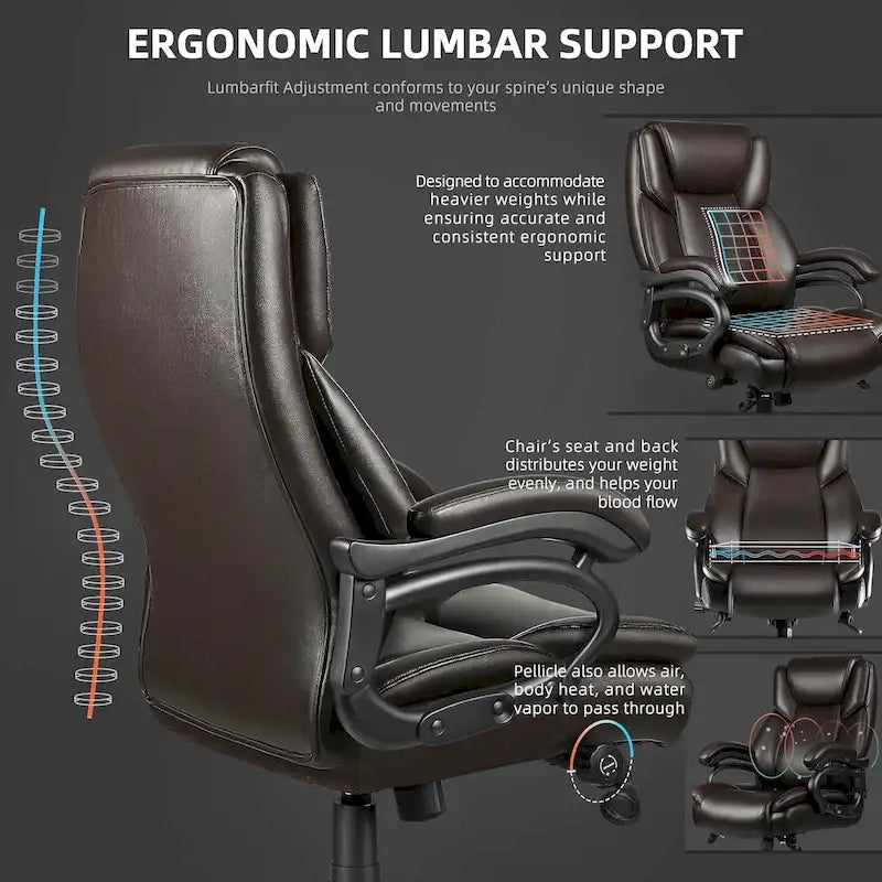 Chaise de Bureau Direction Grande Taille, 225 kg, Support Lombaire Ajustable, Chaise Ergonomique à Dossier Haut en Cuir PU pour Ordinateur