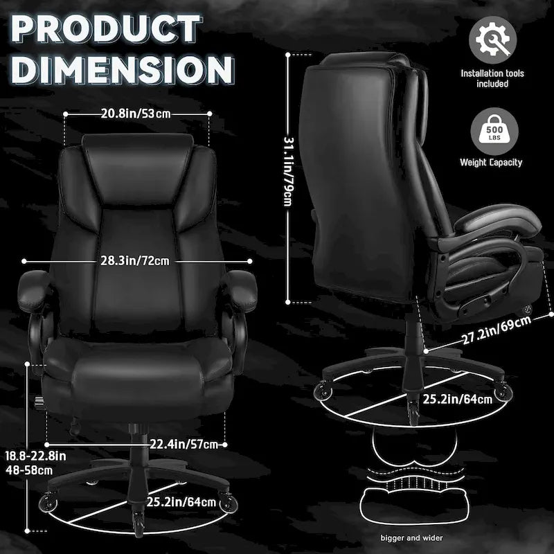 Chaise de Bureau Direction Grande Taille, 225 kg, Support Lombaire Ajustable, Chaise Ergonomique à Dossier Haut en Cuir PU pour Ordinateur