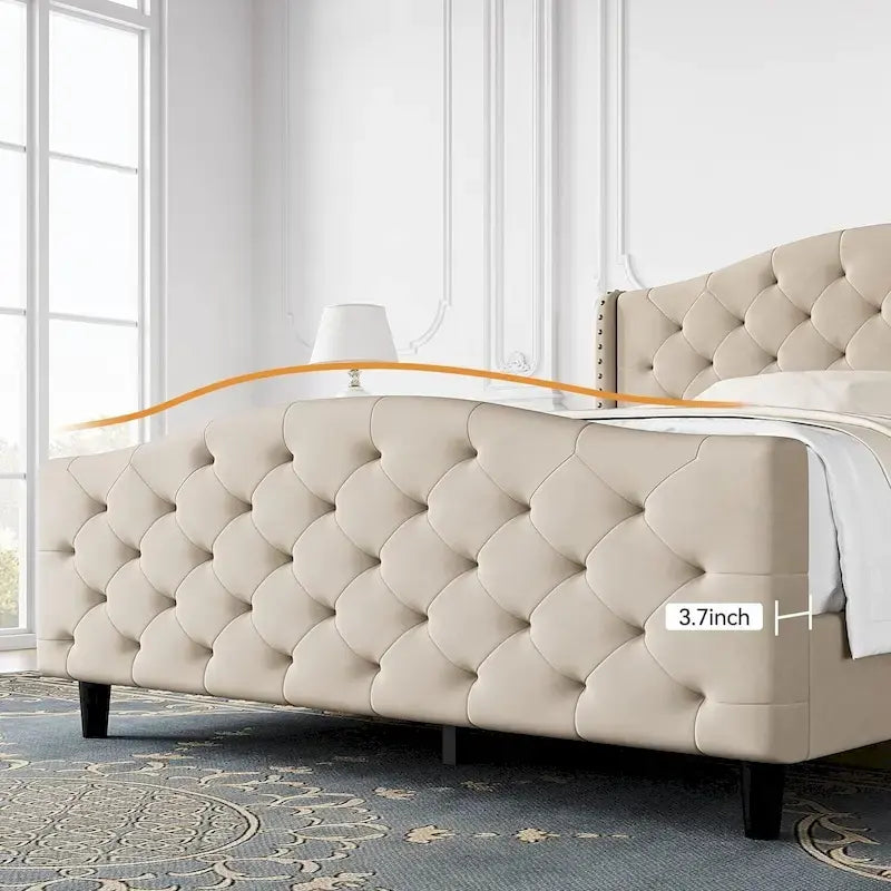 Cadre de lit, tête de lit capitonnée à oreilles avec boutons, pas besoin de sommier tapissier, supporte jusqu'à 360 kg