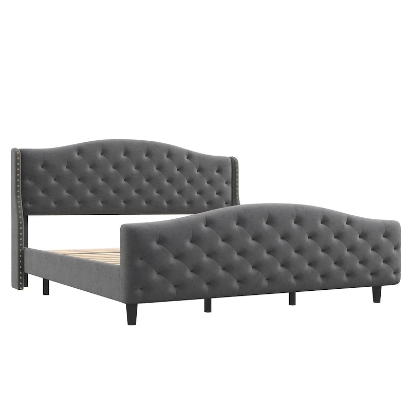 Cadre de lit, tête de lit capitonnée à oreilles avec boutons, pas besoin de sommier tapissier, supporte jusqu'à 360 kg