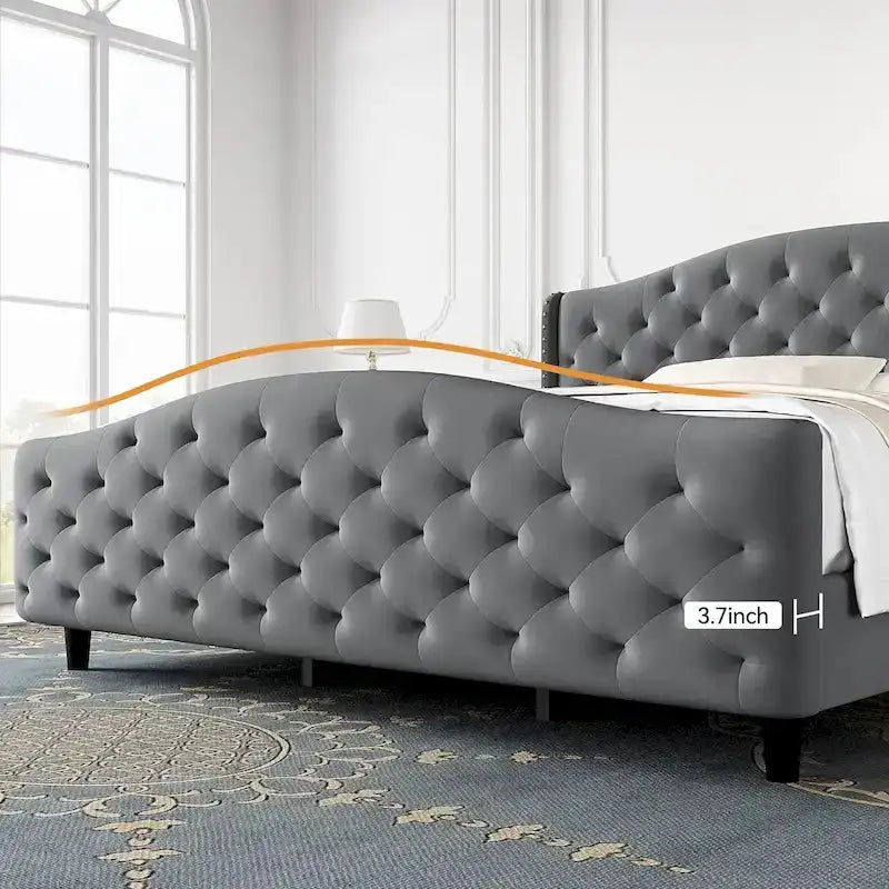 Cadre de lit, tête de lit capitonnée à oreilles avec boutons, pas besoin de sommier tapissier, supporte jusqu'à 360 kg