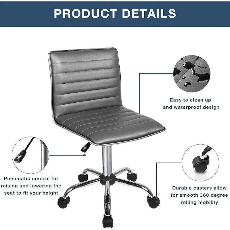 Chaise de Bureau Ergonomique sans Accoudores, Chaise de Bureau à Dossier Mid-Back, Chaise de Bureau Pivotante pour Petits Espaces, Chaise de Maquillage pour Salon