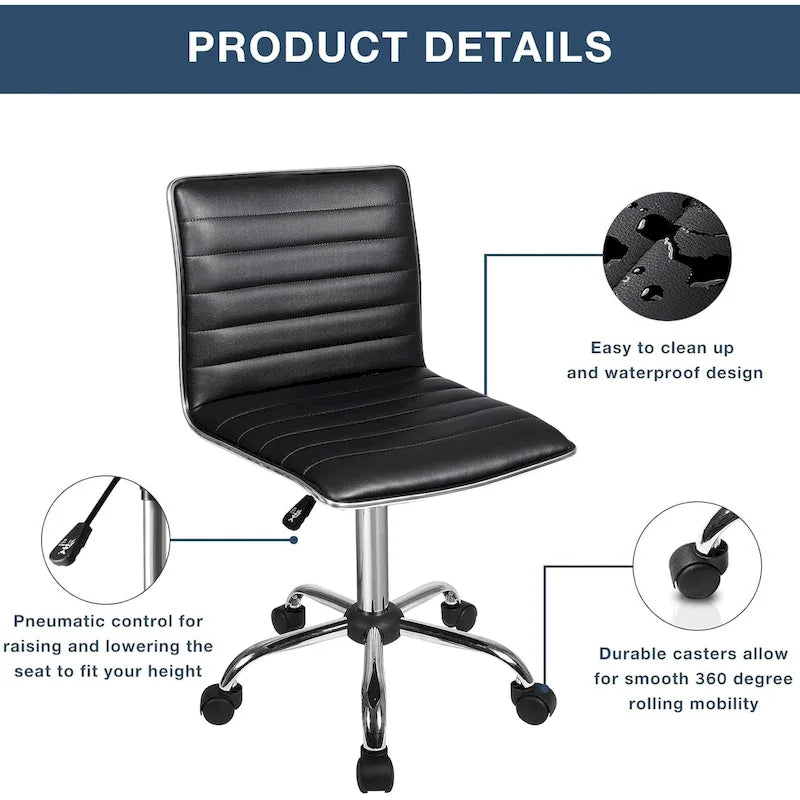 Chaise de Bureau Ergonomique sans Accoudores, Chaise de Bureau à Dossier Mid-Back, Chaise de Bureau Pivotante pour Petits Espaces, Chaise de Maquillage pour Salon