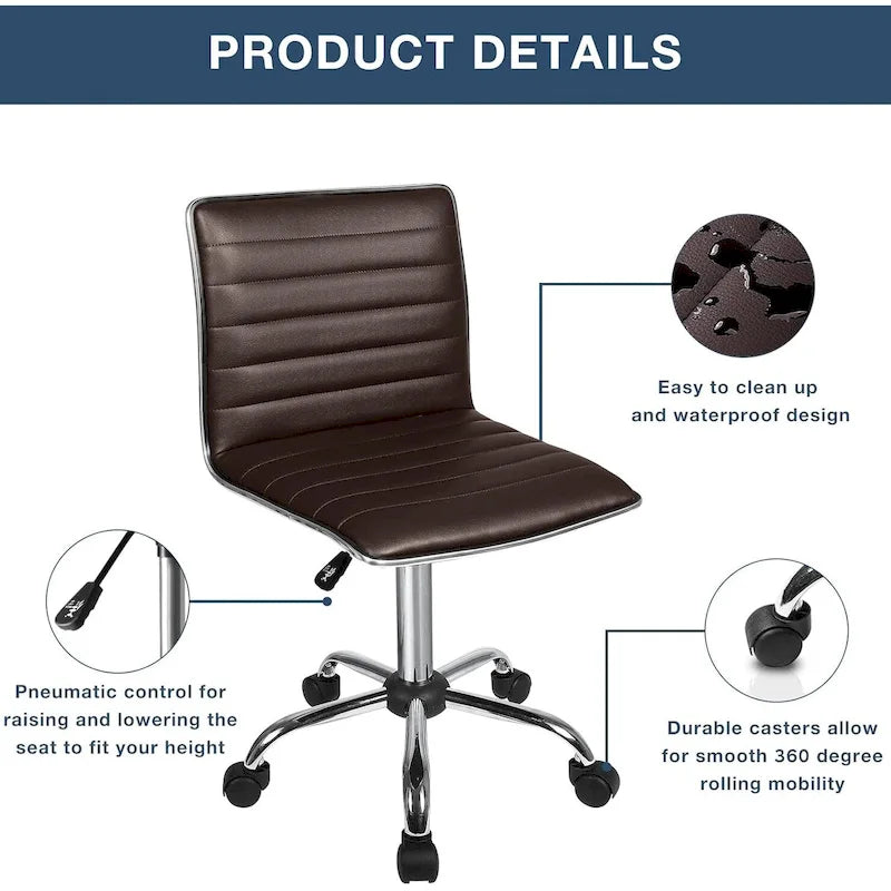 Chaise de Bureau Ergonomique sans Accoudores, Chaise de Bureau à Dossier Mid-Back, Chaise de Bureau Pivotante pour Petits Espaces, Chaise de Maquillage pour Salon