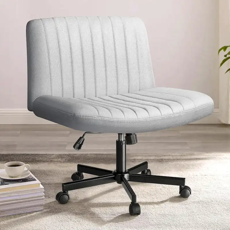 Chaise de bureau sans accoudoirs à roulettes, Chaise à roulettes croisées rembourrée en tissu, Chaise de coiffeuse pivotante à assise large