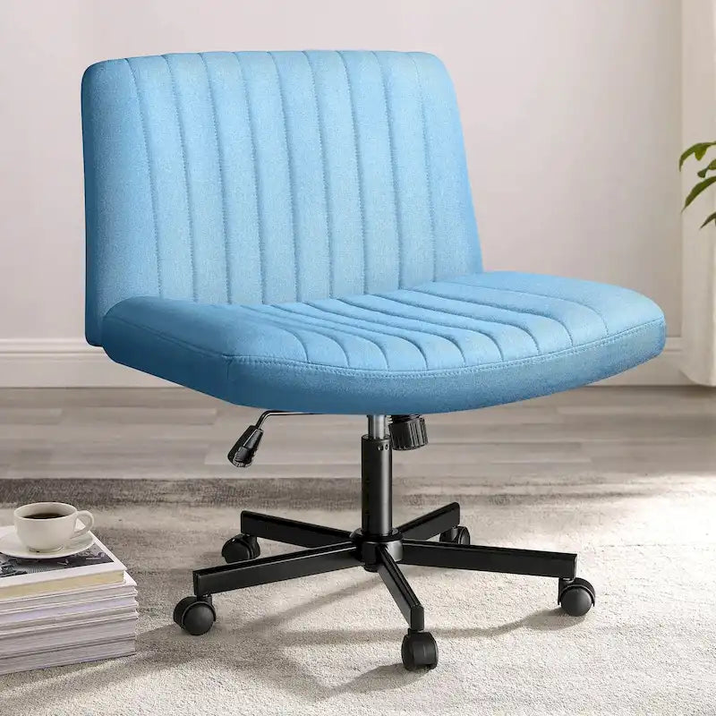 Chaise de bureau sans accoudoirs à roulettes, Chaise à roulettes croisées rembourrée en tissu, Chaise de coiffeuse pivotante à assise large