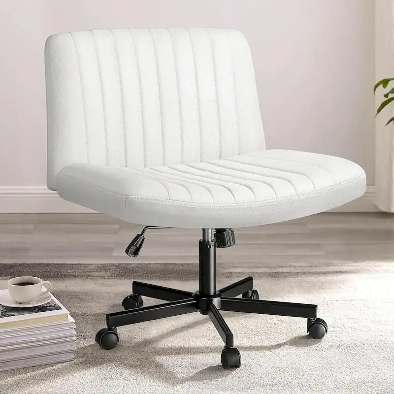 Chaise de bureau sans accoudoirs à roulettes, Chaise à roulettes croisées rembourrée en tissu, Chaise de coiffeuse pivotante à assise large