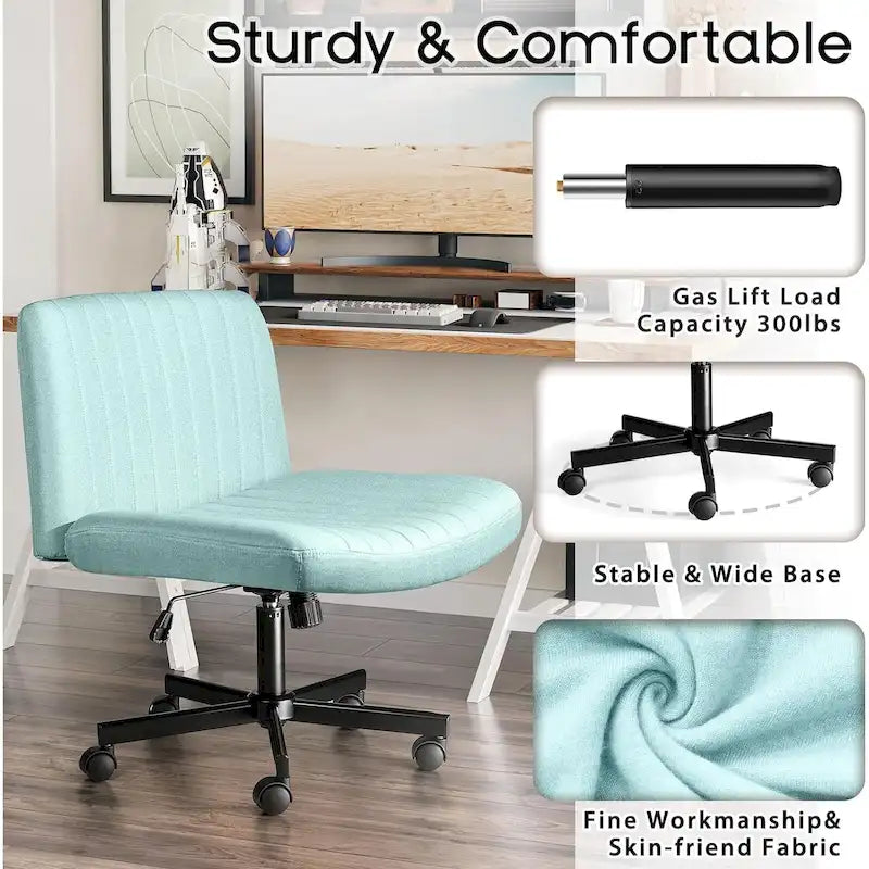 Chaise de bureau sans accoudoirs à roulettes, Chaise à roulettes croisées rembourrée en tissu, Chaise de coiffeuse pivotante à assise large