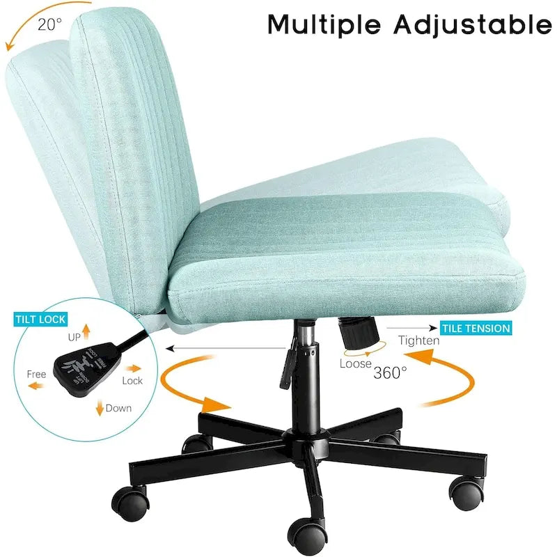 Chaise de bureau sans accoudoirs à roulettes, Chaise à roulettes croisées rembourrée en tissu, Chaise de coiffeuse pivotante à assise large