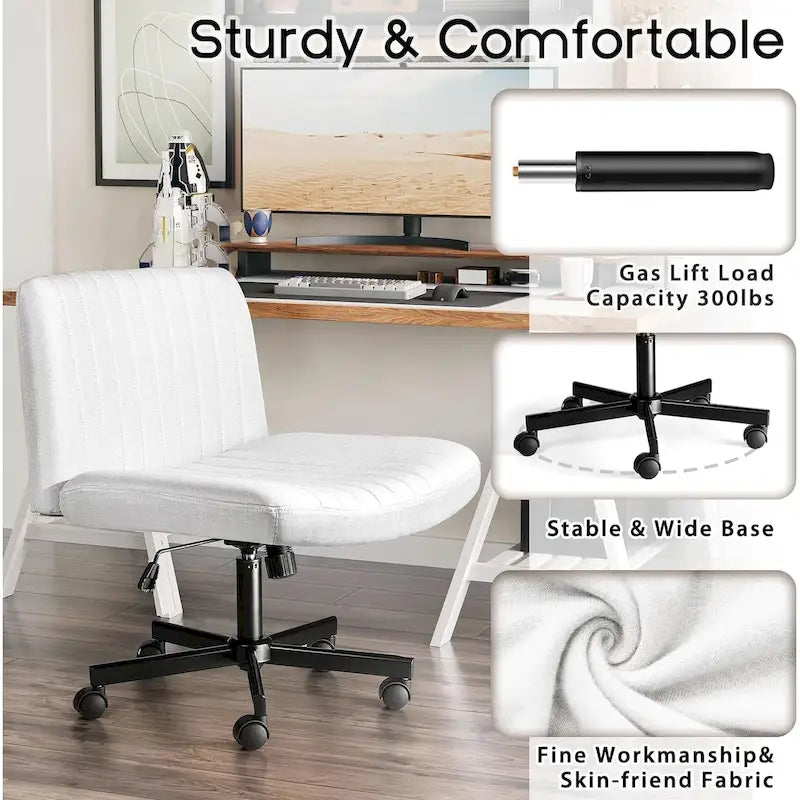 Chaise de bureau sans accoudoirs à roulettes, Chaise à roulettes croisées rembourrée en tissu, Chaise de coiffeuse pivotante à assise large