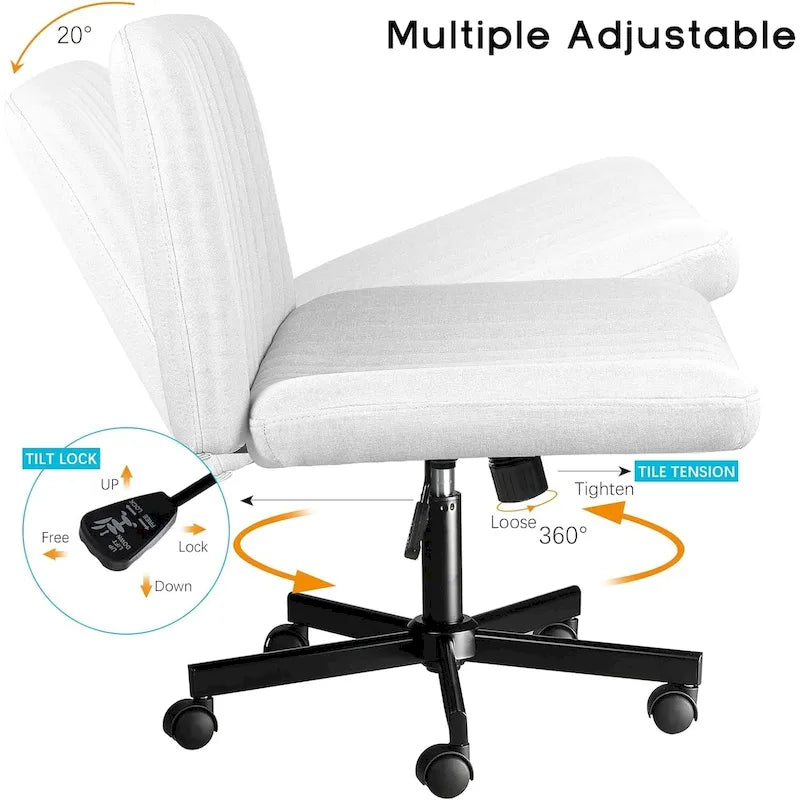 Chaise de bureau sans accoudoirs à roulettes, Chaise à roulettes croisées rembourrée en tissu, Chaise de coiffeuse pivotante à assise large
