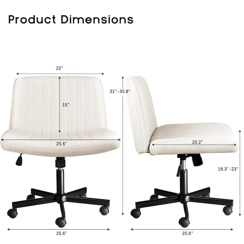 Chaise de bureau sans accoudoirs à roulettes, Chaise à roulettes croisées rembourrée en tissu, Chaise de coiffeuse pivotante à assise large