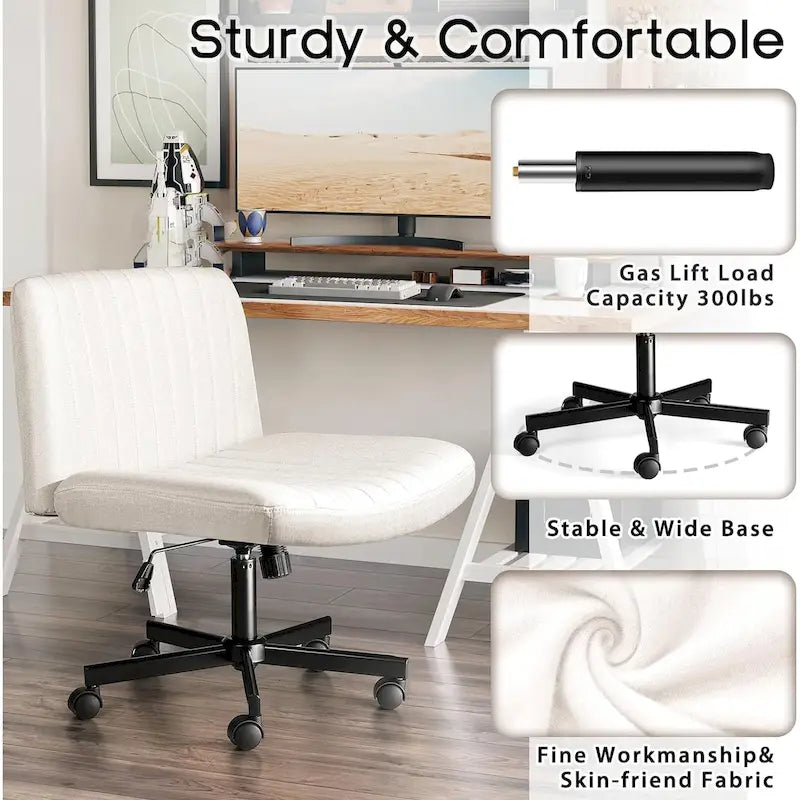 Chaise de bureau sans accoudoirs à roulettes, Chaise à roulettes croisées rembourrée en tissu, Chaise de coiffeuse pivotante à assise large
