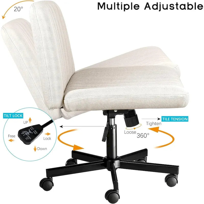 Chaise de bureau sans accoudoirs à roulettes, Chaise à roulettes croisées rembourrée en tissu, Chaise de coiffeuse pivotante à assise large