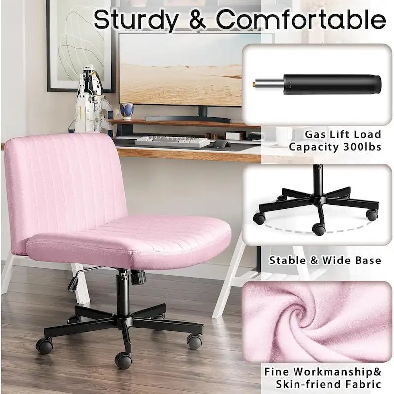 Chaise de bureau sans accoudoirs à roulettes, Chaise à roulettes croisées rembourrée en tissu, Chaise de coiffeuse pivotante à assise large