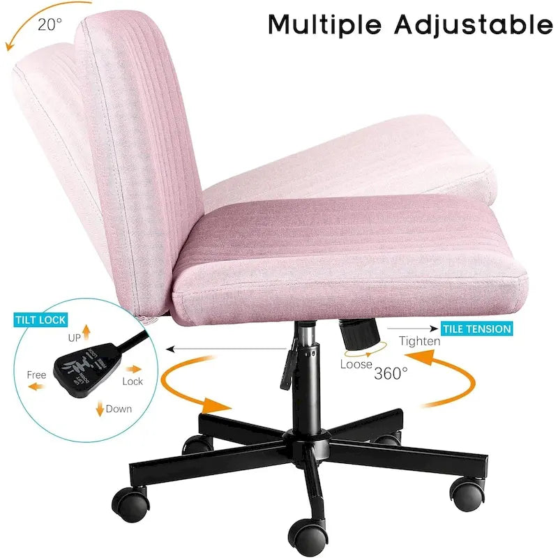 Chaise de bureau sans accoudoirs à roulettes, Chaise à roulettes croisées rembourrée en tissu, Chaise de coiffeuse pivotante à assise large