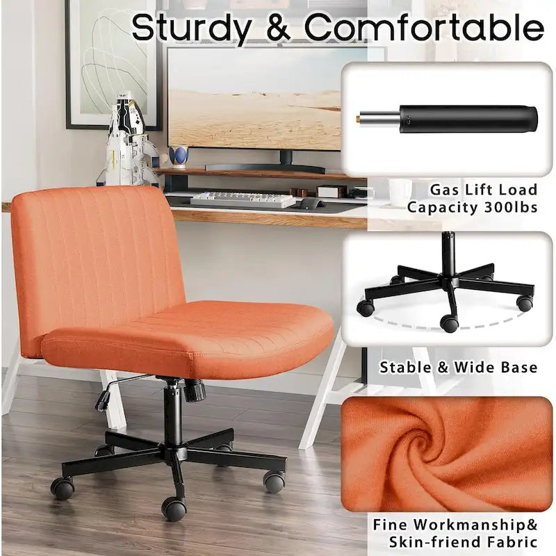 Chaise de bureau sans accoudoirs à roulettes, Chaise à roulettes croisées rembourrée en tissu, Chaise de coiffeuse pivotante à assise large