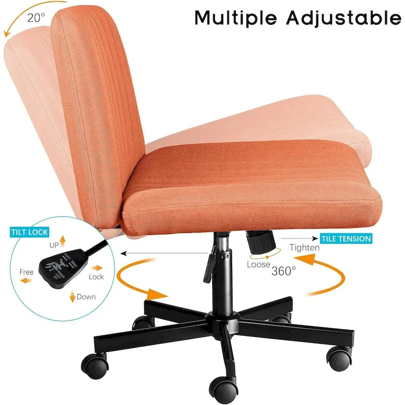 Chaise de bureau sans accoudoirs à roulettes, Chaise à roulettes croisées rembourrée en tissu, Chaise de coiffeuse pivotante à assise large