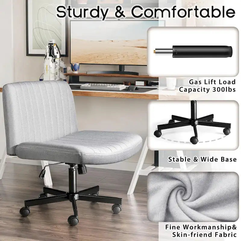 Chaise de bureau sans accoudoirs à roulettes, Chaise à roulettes croisées rembourrée en tissu, Chaise de coiffeuse pivotante à assise large