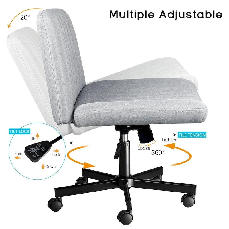 Chaise de bureau sans accoudoirs à roulettes, Chaise à roulettes croisées rembourrée en tissu, Chaise de coiffeuse pivotante à assise large