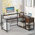 Bureau d'angle en L avec tiroir, bureau d'angle pour la maison avec étagères de rangement et support d'écran, bureau rustique pour petit espace