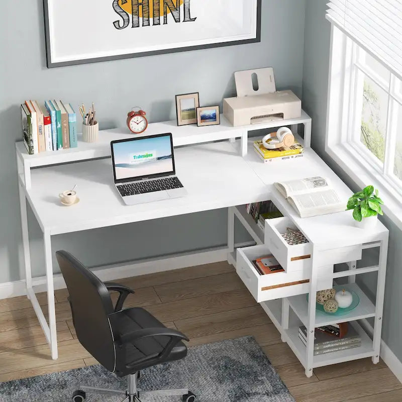Bureau d'angle en L avec tiroir, bureau d'angle pour la maison avec étagères de rangement et support d'écran, bureau rustique pour petit espace
