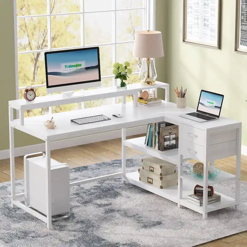 Bureau d'angle en L avec tiroir, bureau d'angle pour la maison avec étagères de rangement et support d'écran, bureau rustique pour petit espace