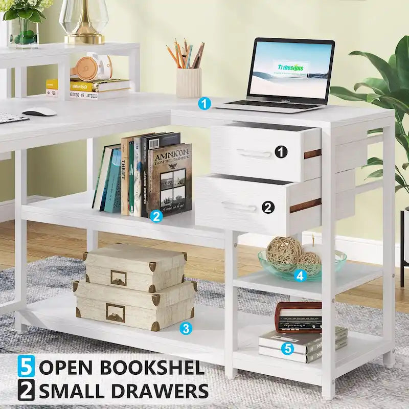 Bureau d'angle en L avec tiroir, bureau d'angle pour la maison avec étagères de rangement et support d'écran, bureau rustique pour petit espace