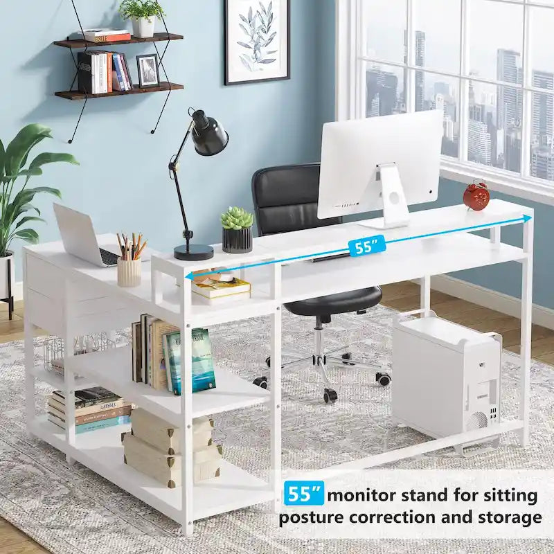 Bureau d'angle en L avec tiroir, bureau d'angle pour la maison avec étagères de rangement et support d'écran, bureau rustique pour petit espace