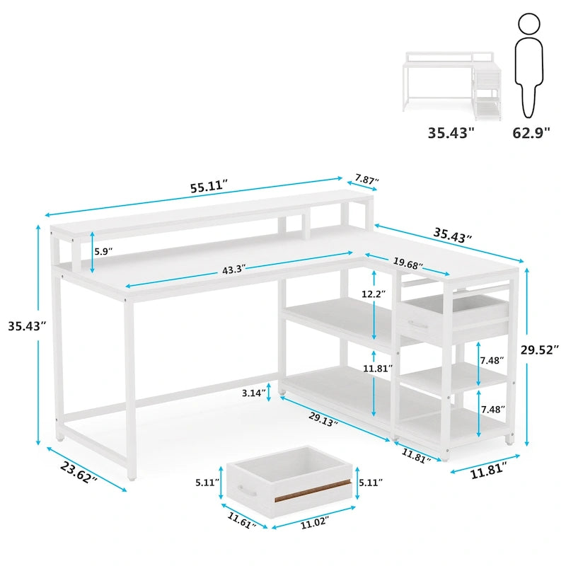 Bureau d'angle en L avec tiroir, bureau d'angle pour la maison avec étagères de rangement et support d'écran, bureau rustique pour petit espace