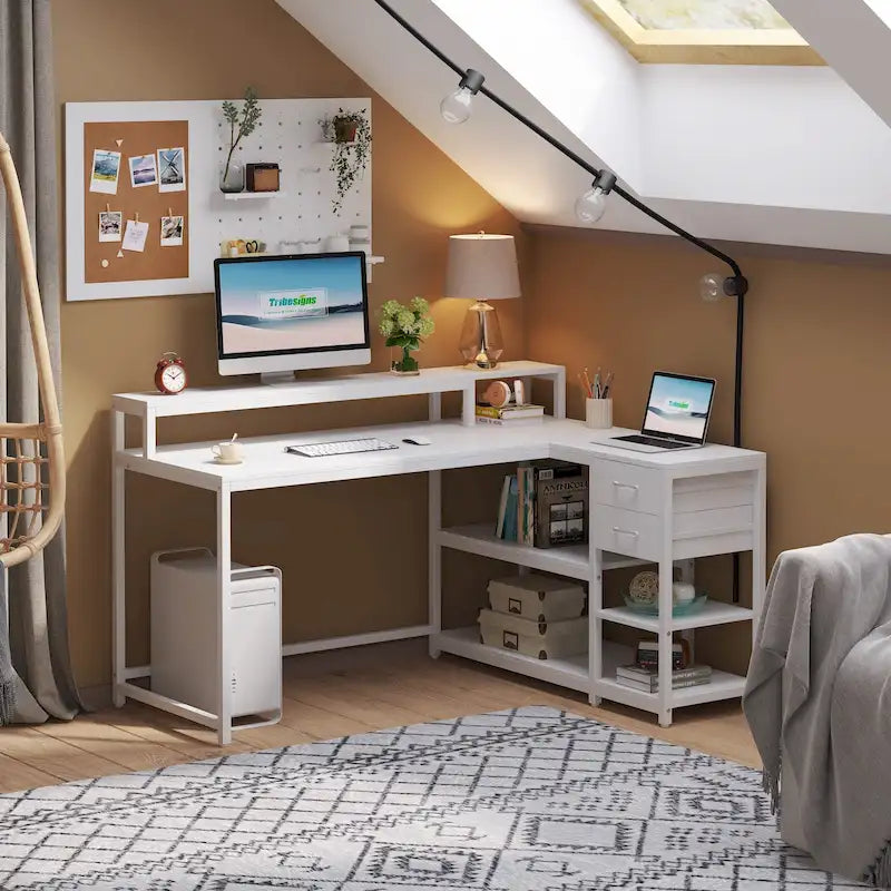 Bureau d'angle en L avec tiroir, bureau d'angle pour la maison avec étagères de rangement et support d'écran, bureau rustique pour petit espace