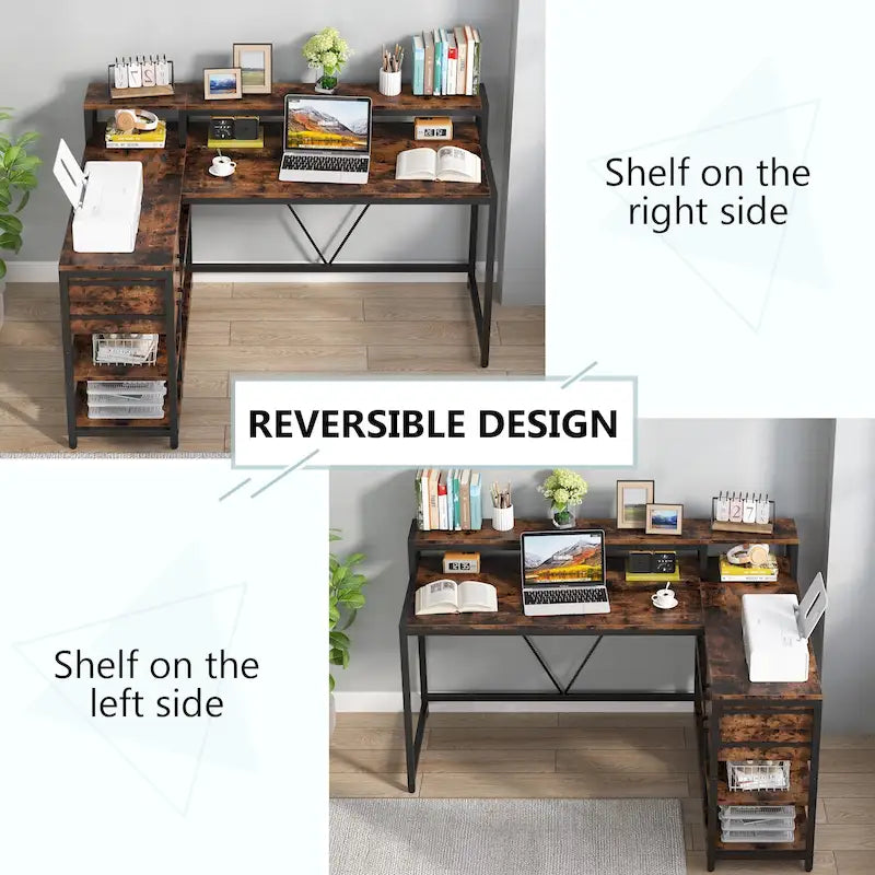 Bureau d'angle en L avec tiroir, bureau d'angle pour la maison avec étagères de rangement et support d'écran, bureau rustique pour petit espace