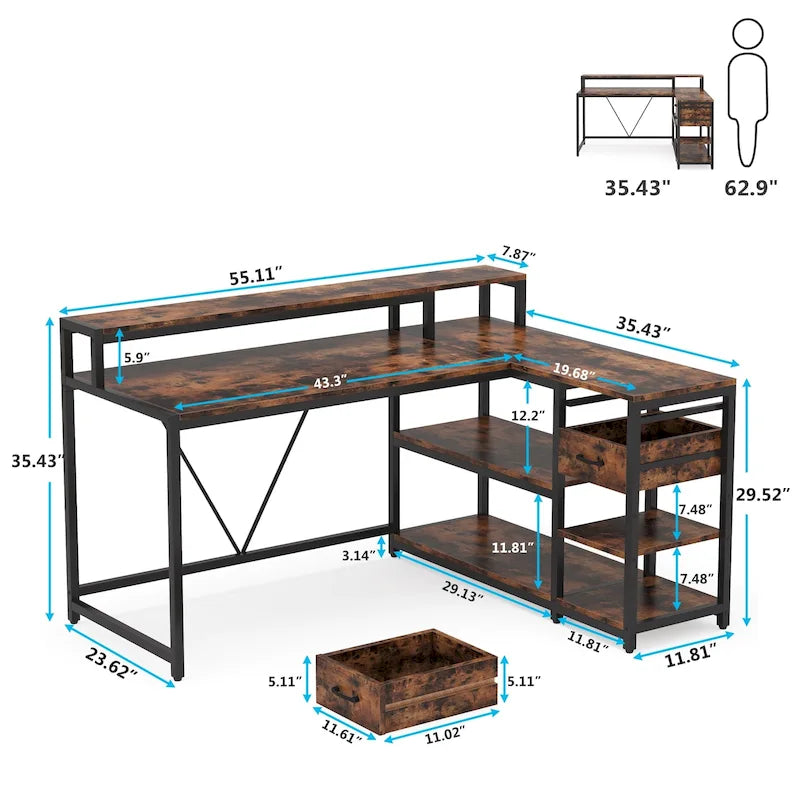 Bureau d'angle en L avec tiroir, bureau d'angle pour la maison avec étagères de rangement et support d'écran, bureau rustique pour petit espace