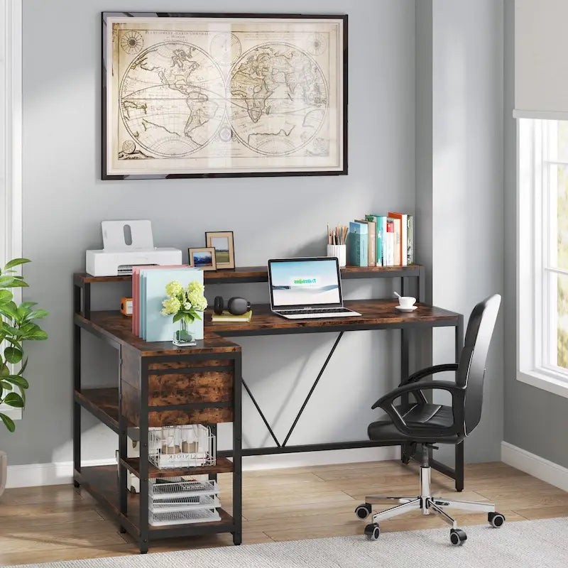 Bureau d'angle en L avec tiroir, bureau d'angle pour la maison avec étagères de rangement et support d'écran, bureau rustique pour petit espace