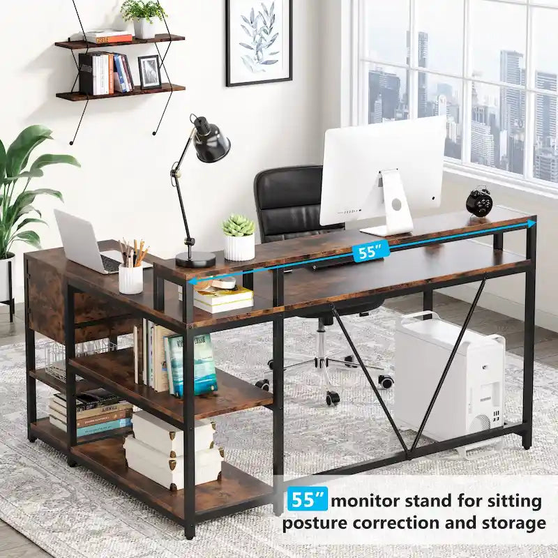 Bureau d'angle en L avec tiroir, bureau d'angle pour la maison avec étagères de rangement et support d'écran, bureau rustique pour petit espace
