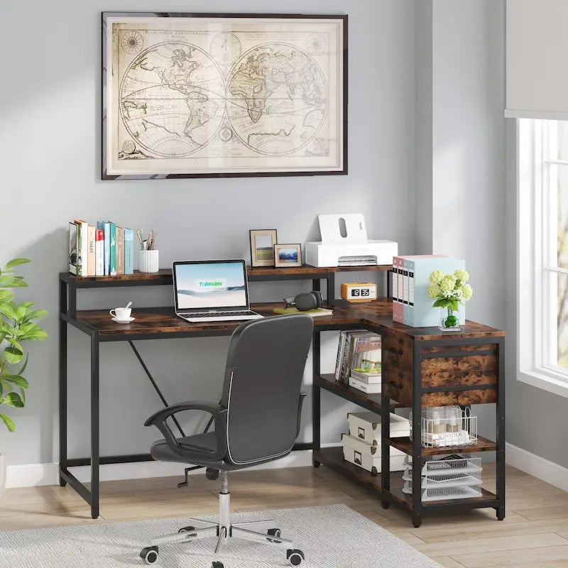 Bureau d'angle en L avec tiroir, bureau d'angle pour la maison avec étagères de rangement et support d'écran, bureau rustique pour petit espace