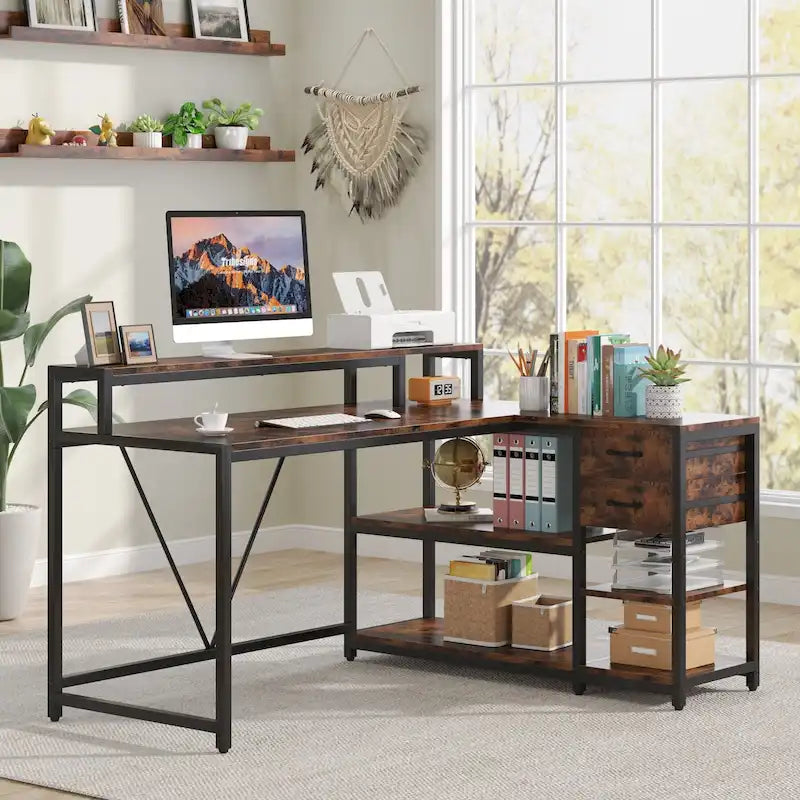 Bureau d'angle en L avec tiroir, bureau d'angle pour la maison avec étagères de rangement et support d'écran, bureau rustique pour petit espace