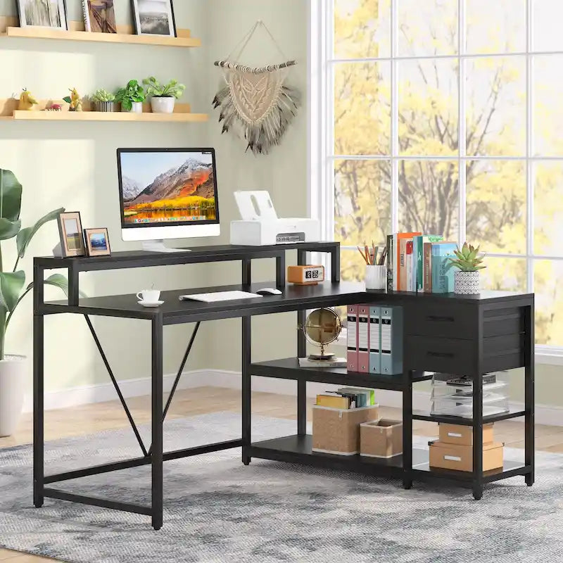 Bureau d'angle en L avec tiroir, bureau d'angle pour la maison avec étagères de rangement et support d'écran, bureau rustique pour petit espace