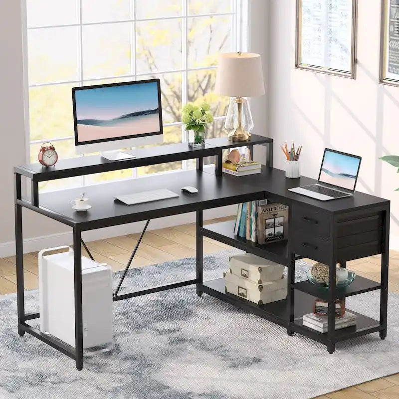 Bureau d'angle en L avec tiroir, bureau d'angle pour la maison avec étagères de rangement et support d'écran, bureau rustique pour petit espace